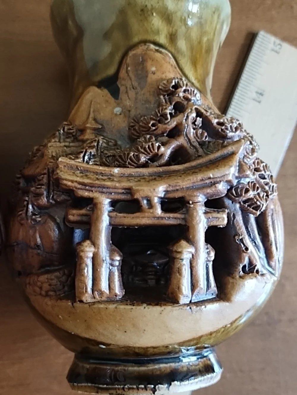 Vintage Japanese Banko Ware Ceramic Vases Torii Gate Mountain Pair 5.5